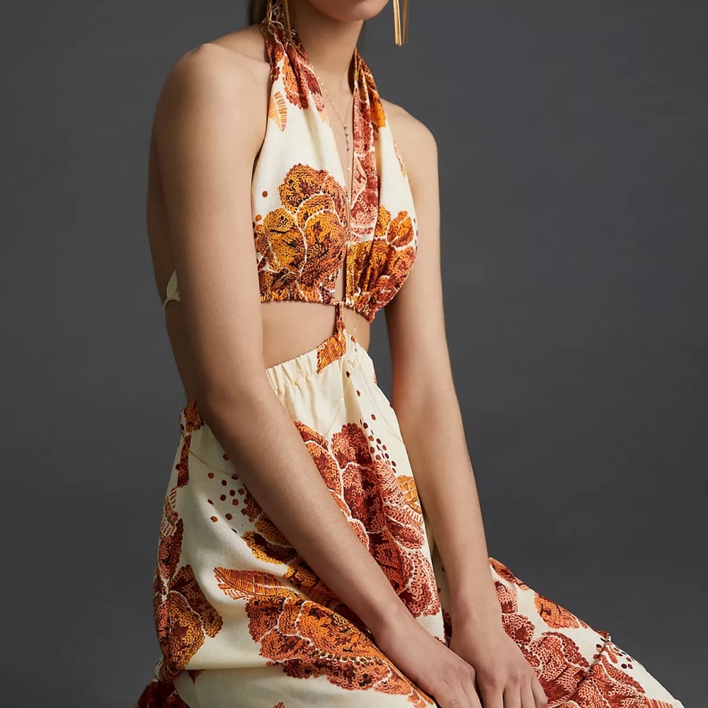 FARM Rio x Anthropologie floral Halter Maxi Dress with cut outs